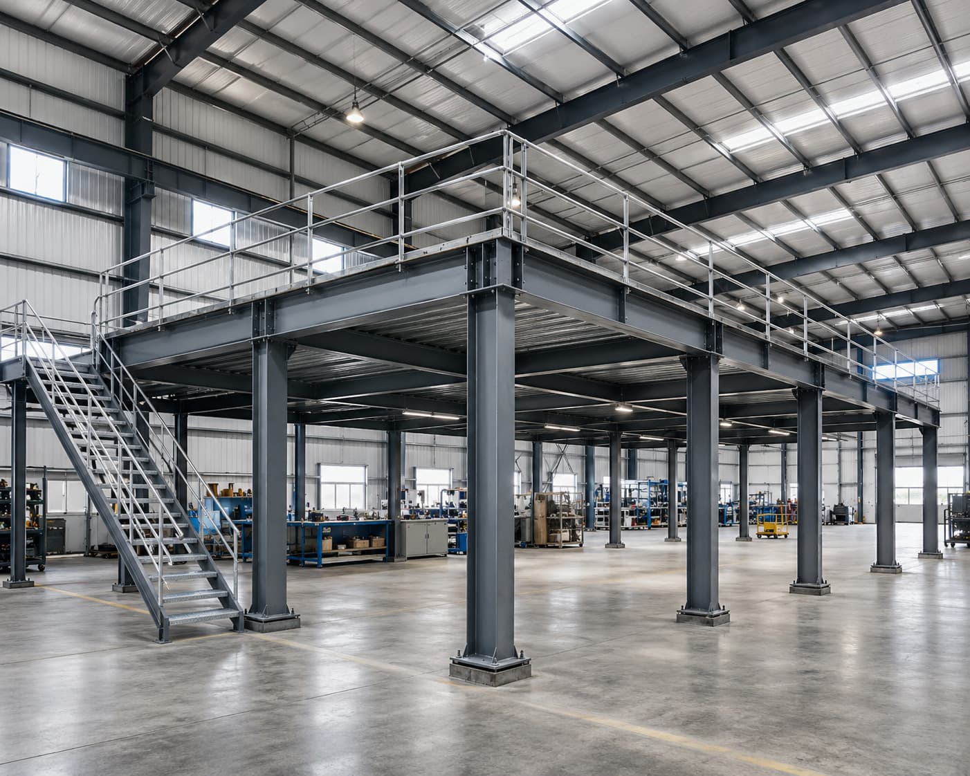 Structural mezzanine showing steel columns, primary beams, secondary beams and intermediate floor framing