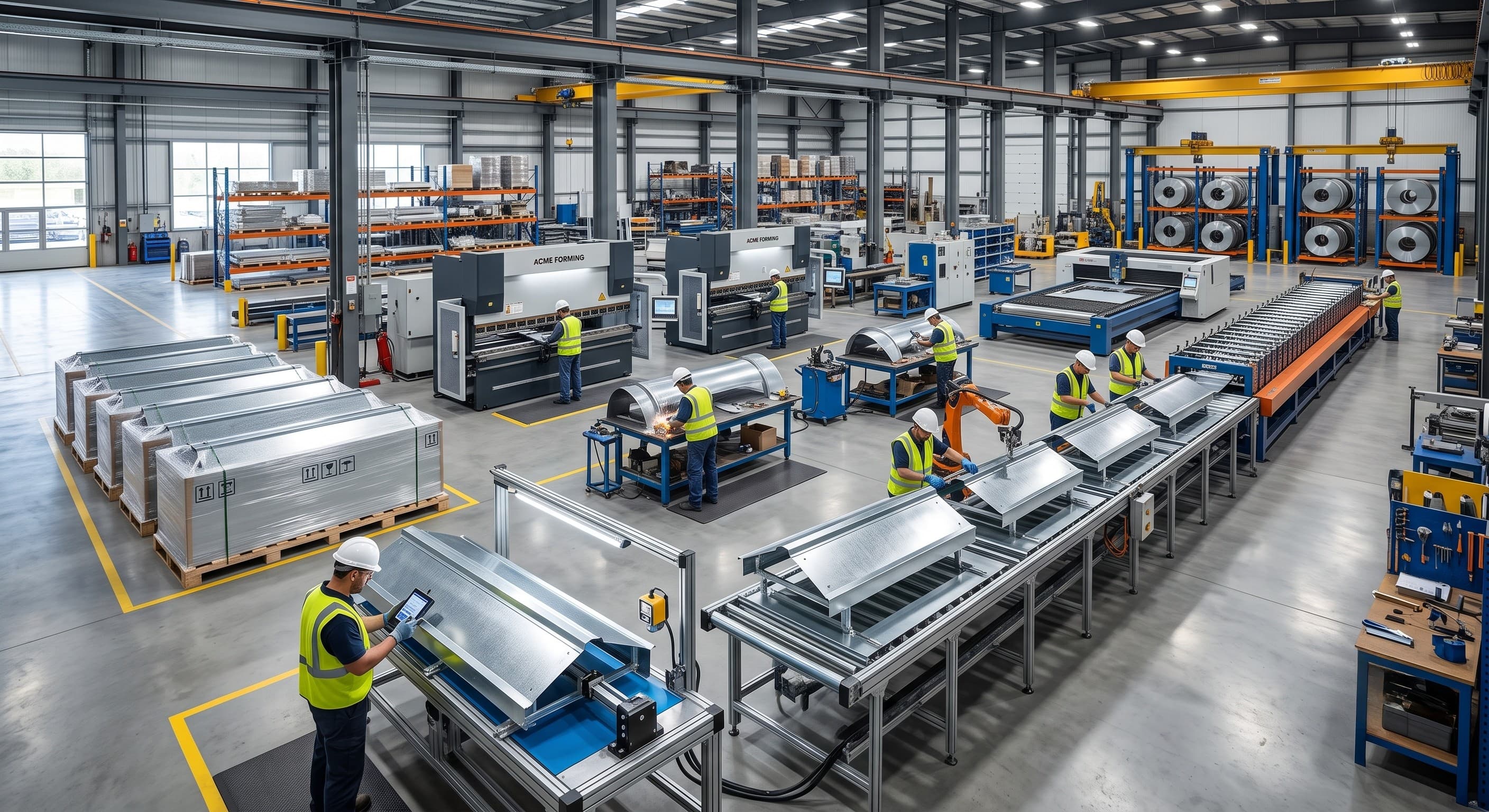 Continuous ridge ventilator manufacturing inside a modern sheet-metal fabrication facility