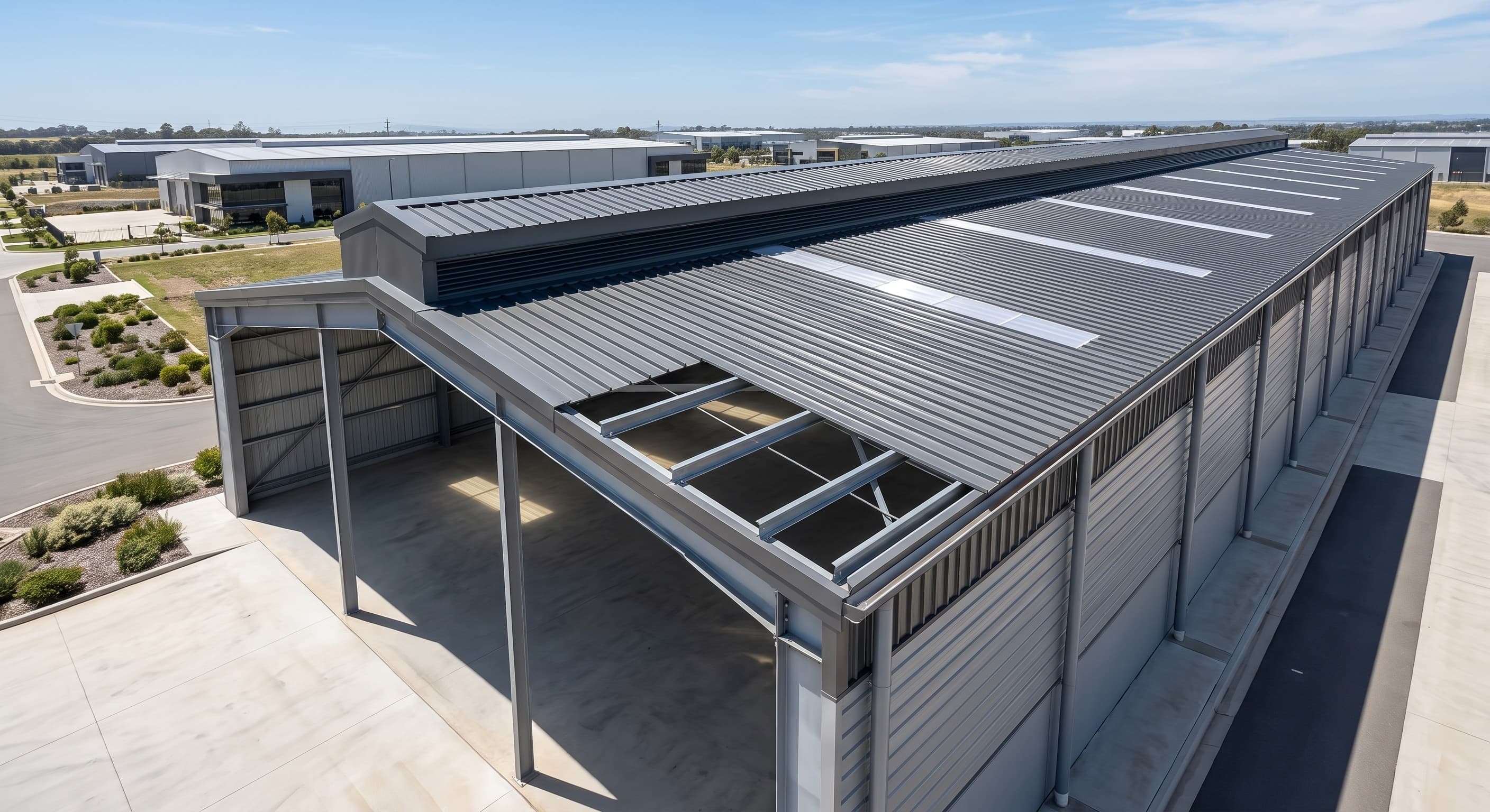 Continuous ridge ventilator integrated with industrial metal roofing