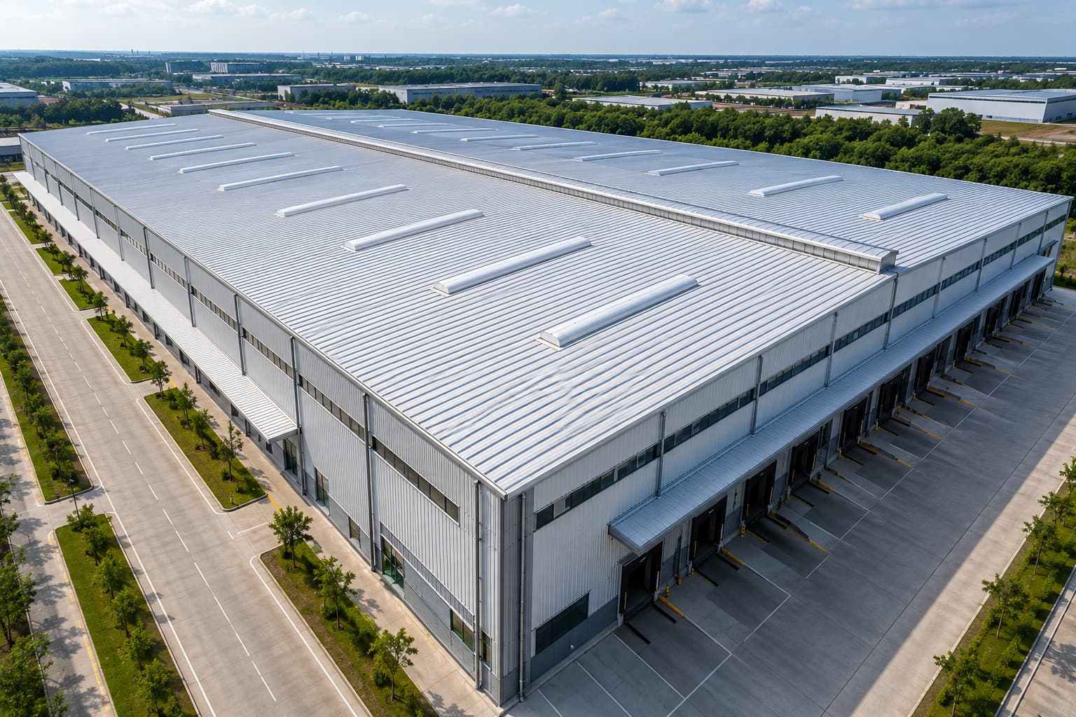 Warehouses & Logistics with profiled industrial roofing sheets