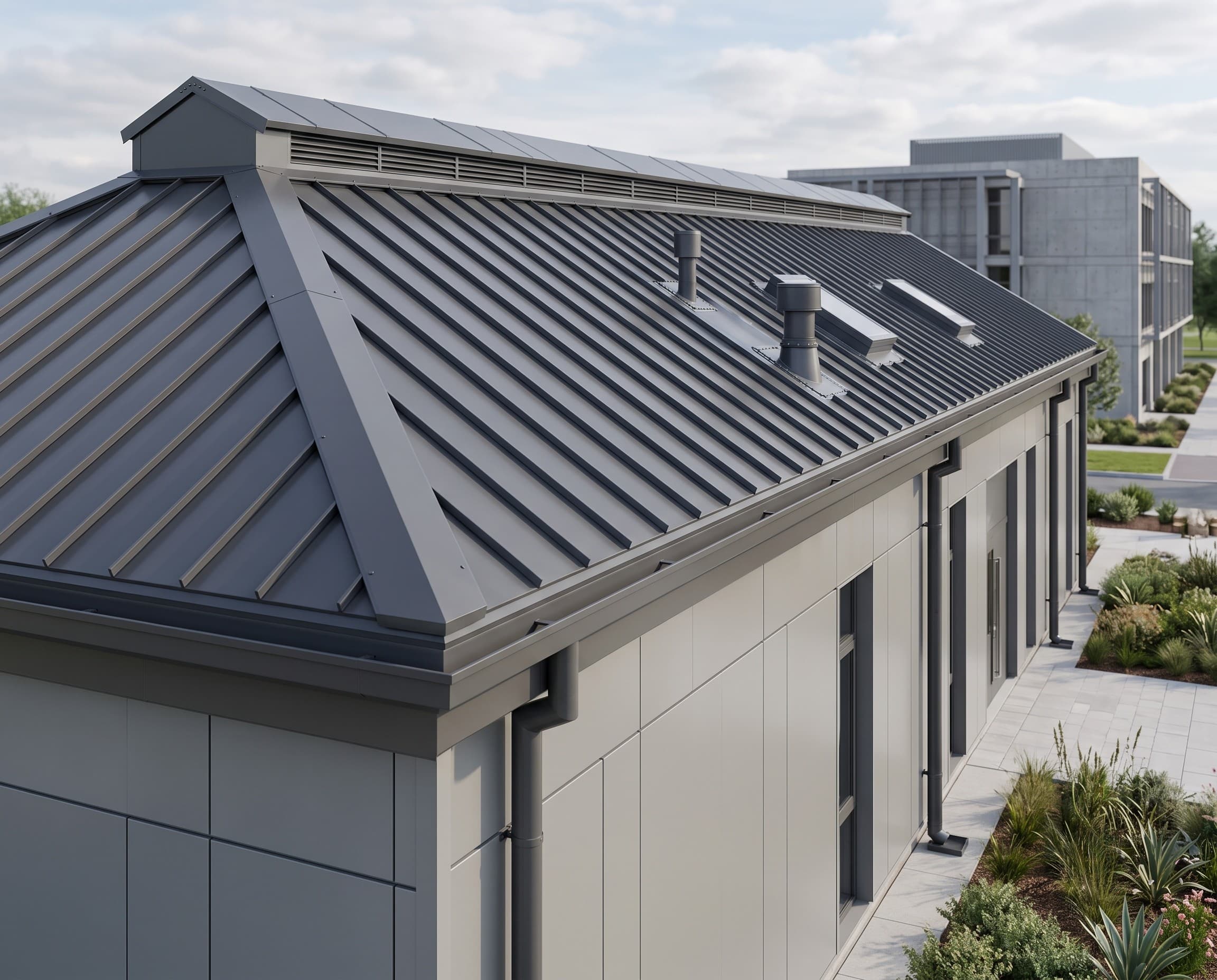 Institutional Buildings using engineered roofing and wall-cladding accessories