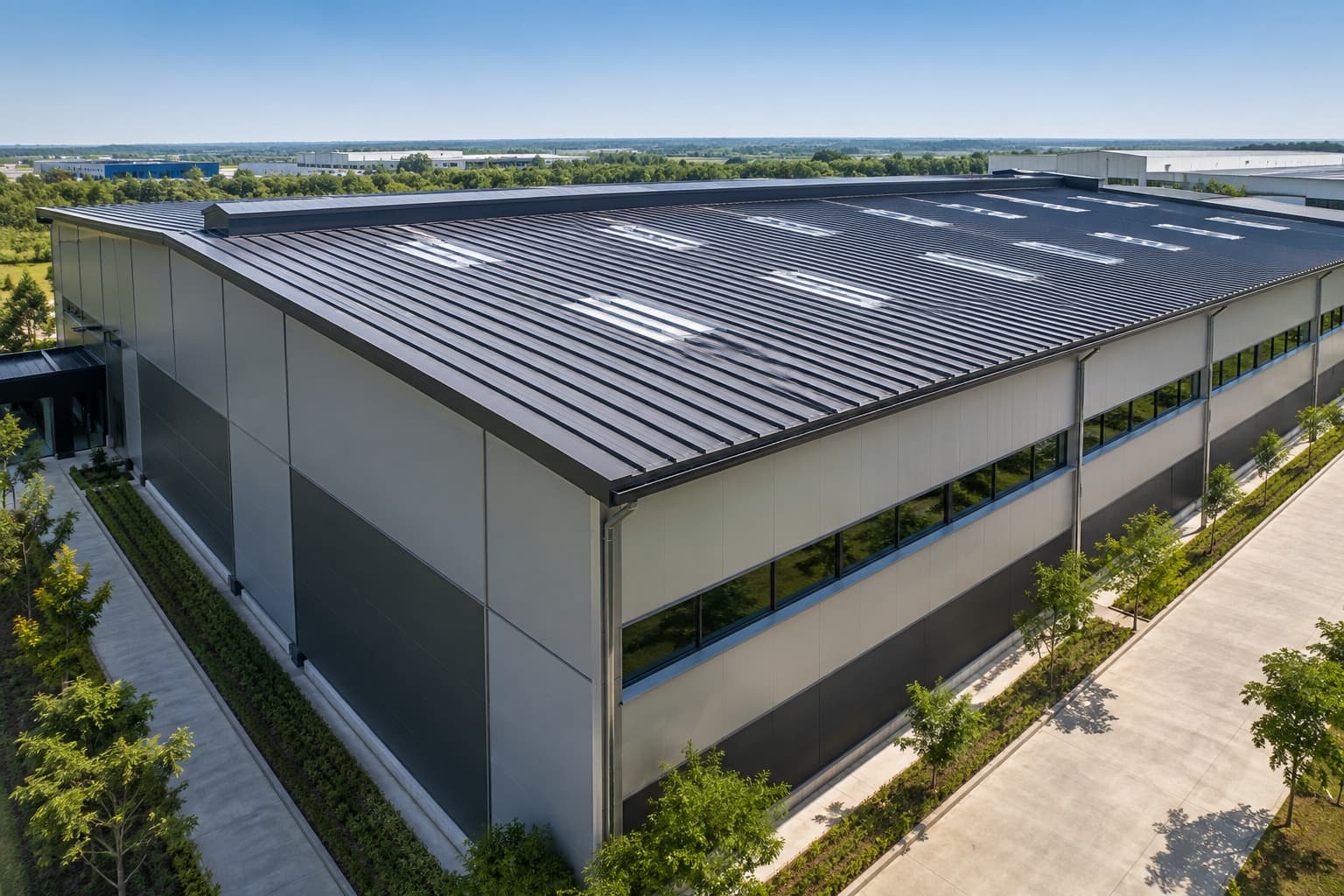 Standing seam roofing system integrated with a modern Pre-Engineered Building