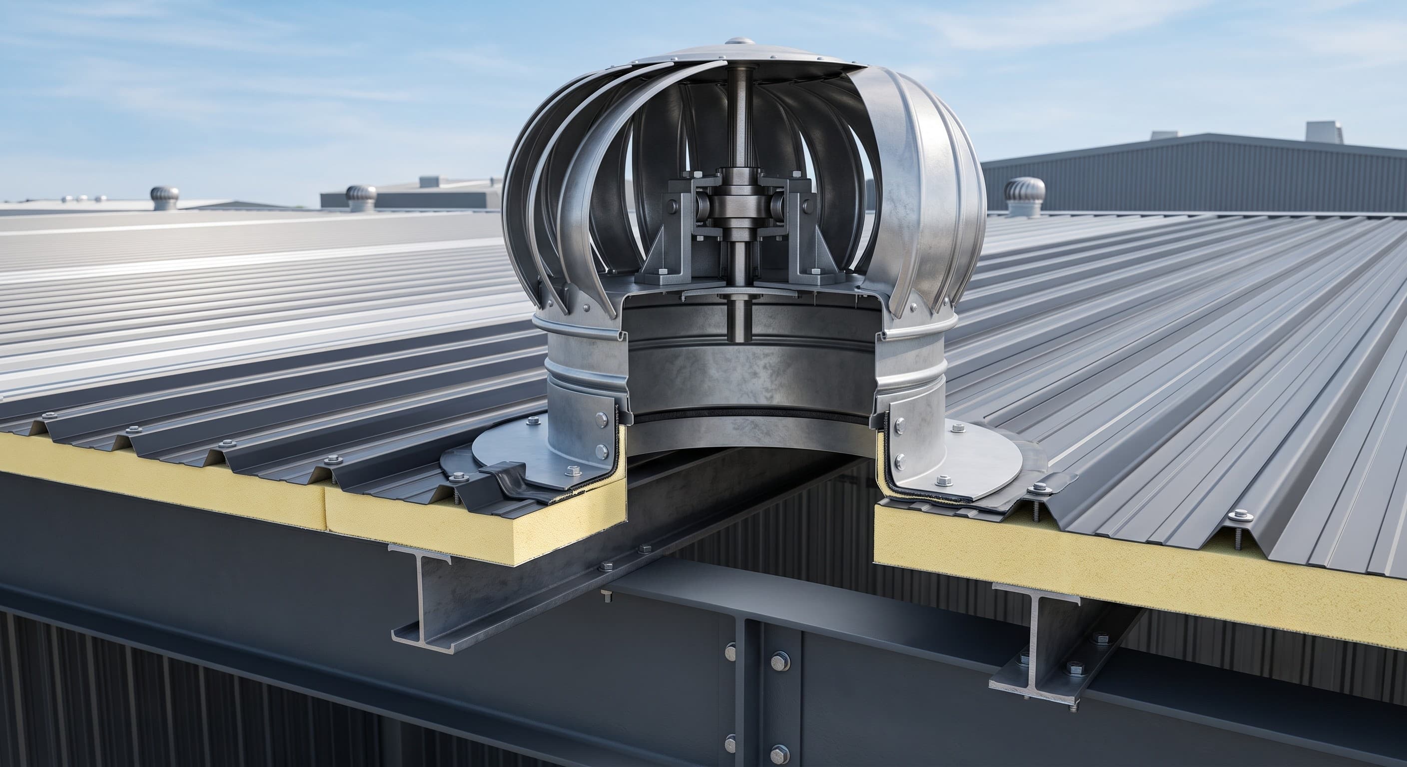 Major components of an industrial turbo ventilator integrated with a profiled metal roof