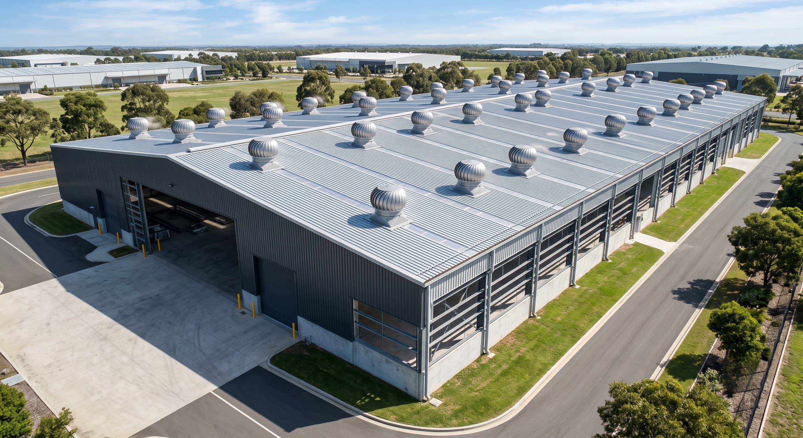 Industrial turbo ventilators installed across a modern Pre-Engineered Building roof