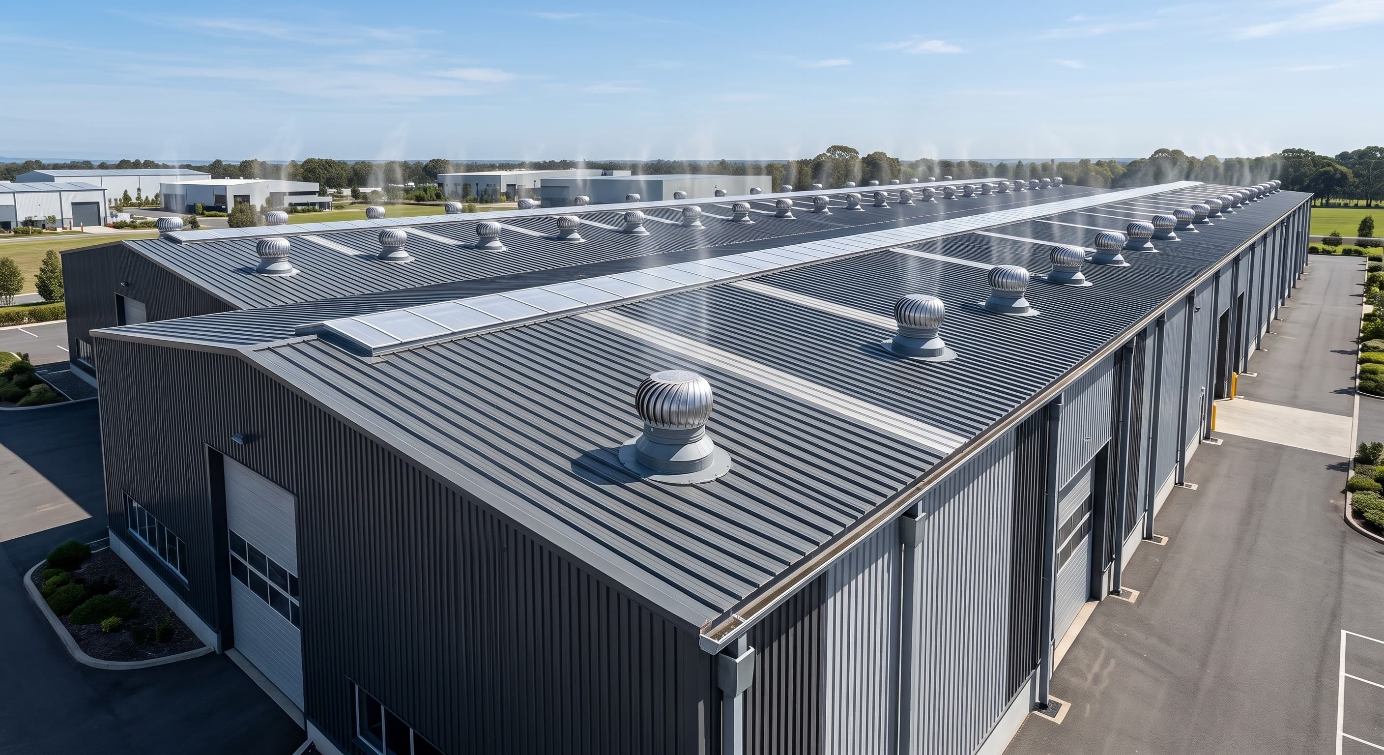 Industrial turbo ventilators integrated with a modern profiled metal roofing system