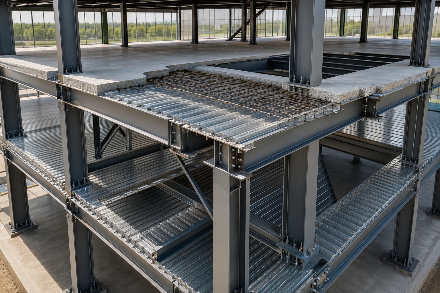 Major structural components of a steel deck sheet composite floor system