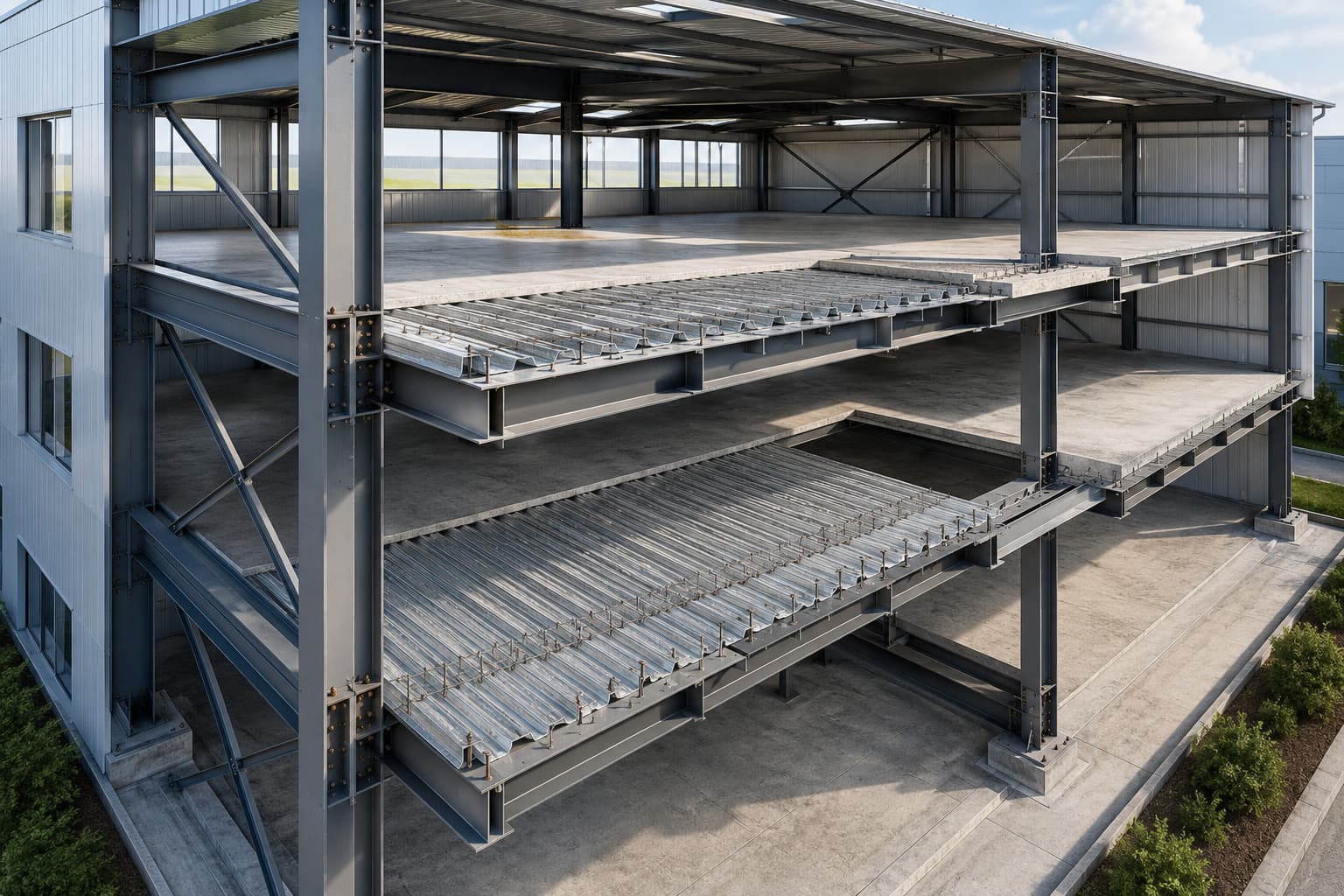 Steel deck sheet composite floor system integrated with a modern multi-storey steel building