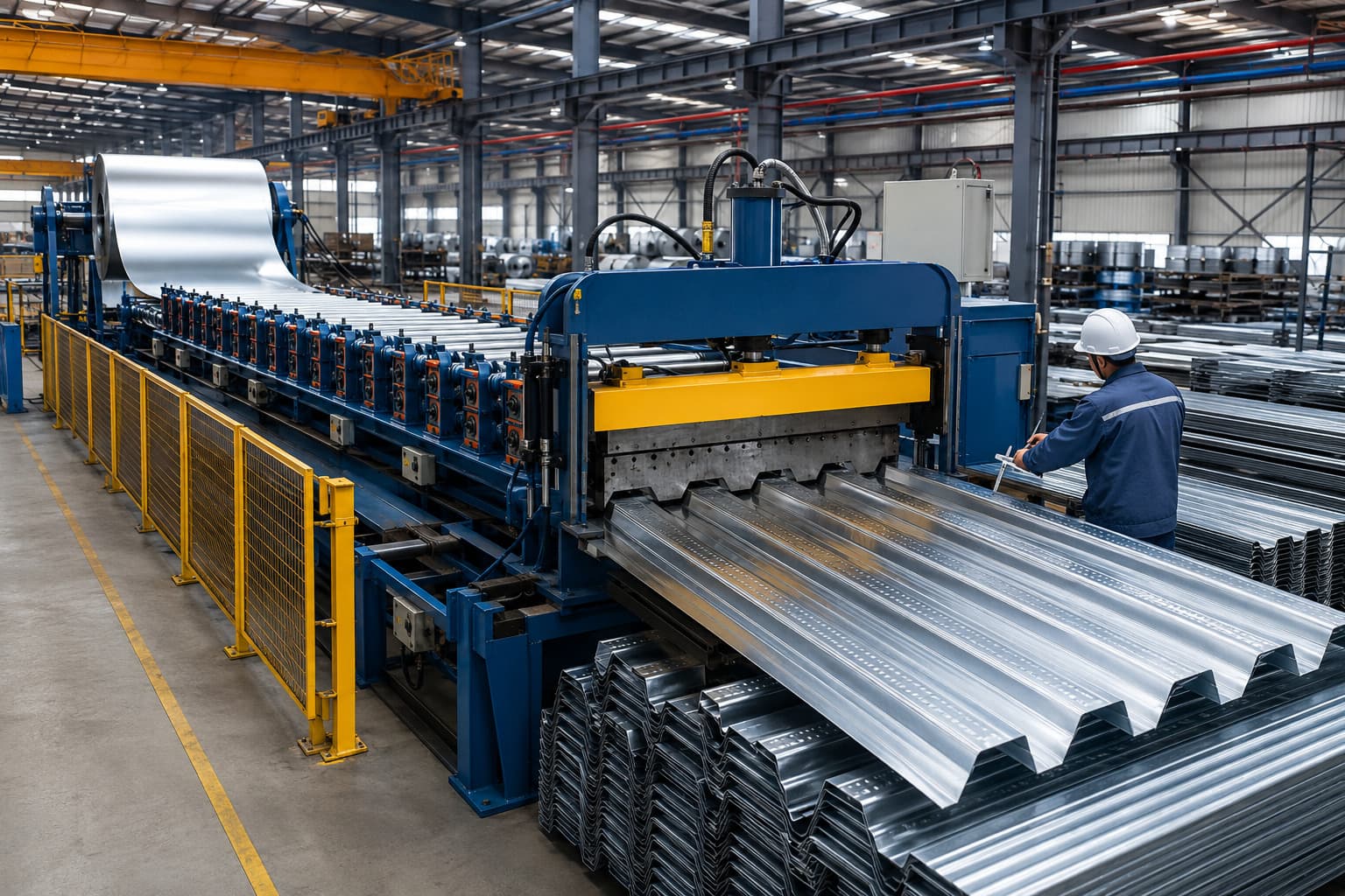 Steel deck sheet roll-forming production line at a modern manufacturing facility