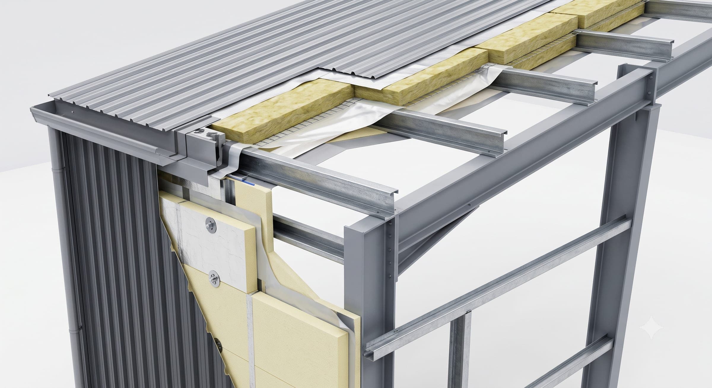 Cutaway view of an industrial roof and wall insulation system