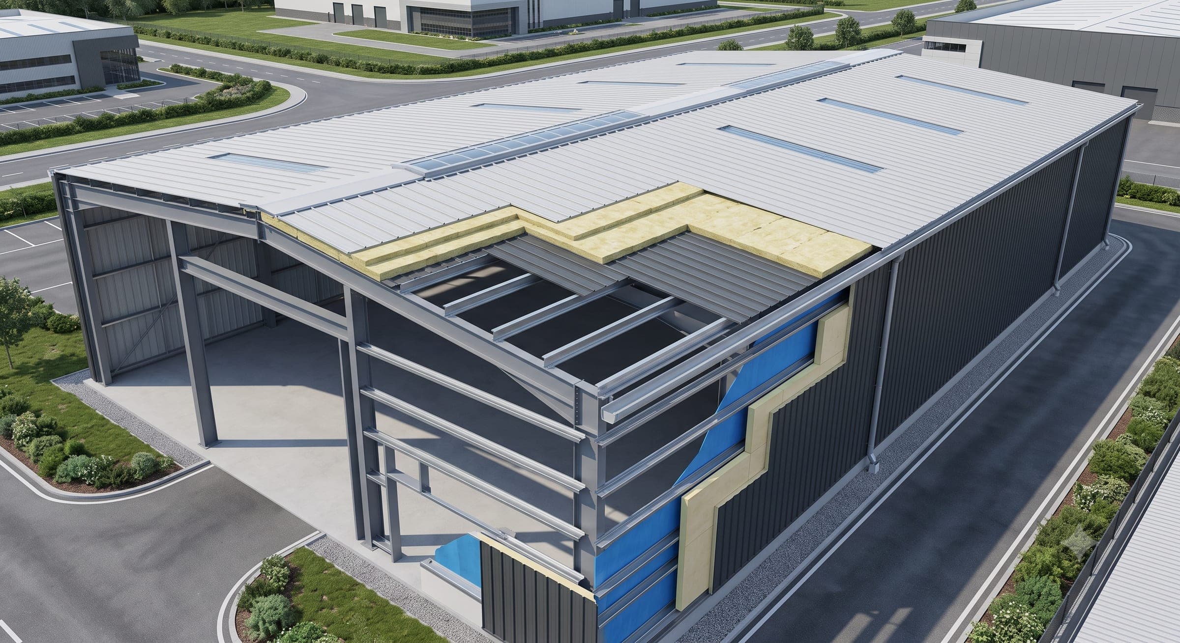 Industrial roof and wall insulation system integrated within a modern Pre-Engineered Building