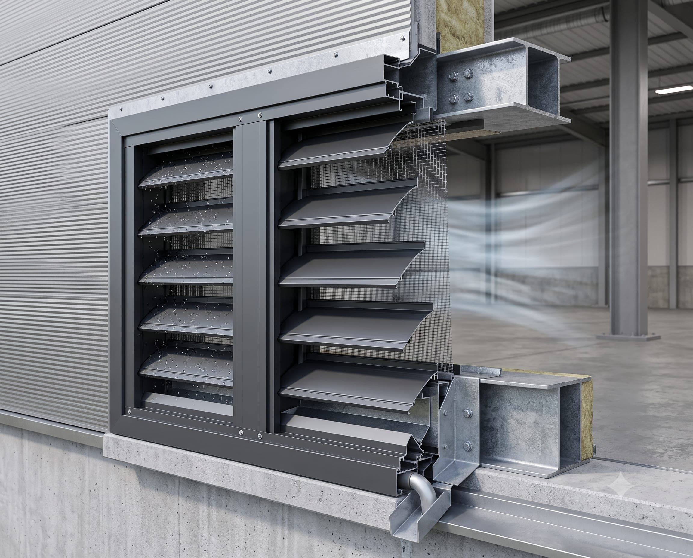 Cutaway view of industrial ventilation louver components