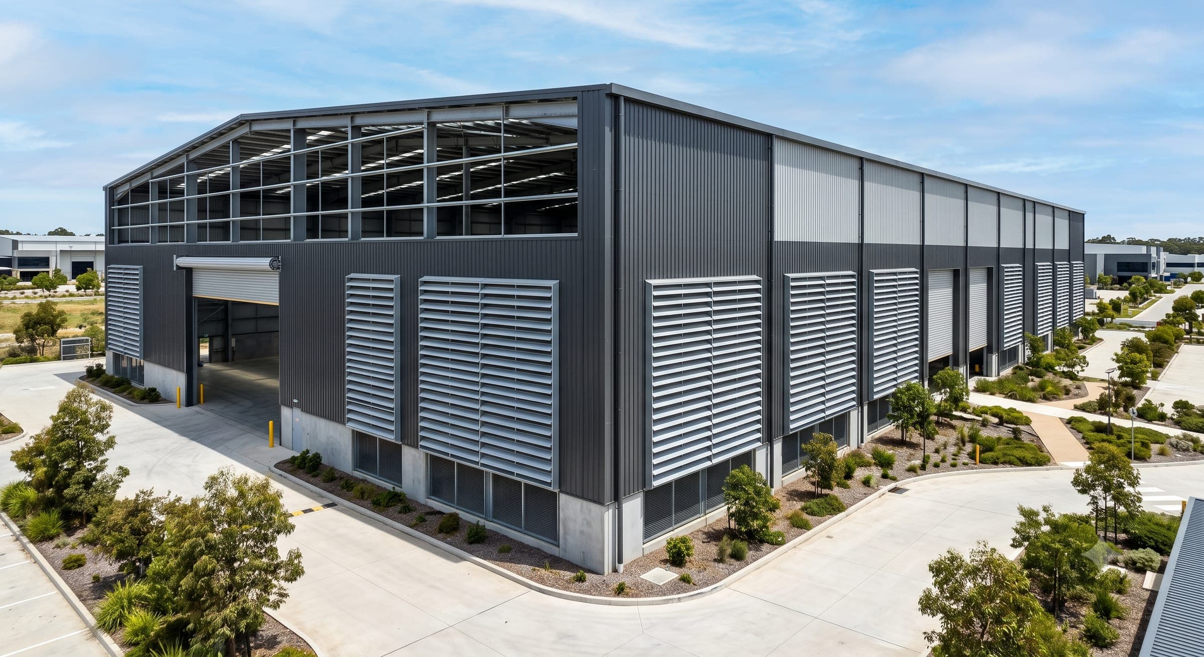 Industrial ventilation louvers integrated into a modern Pre-Engineered Building façade