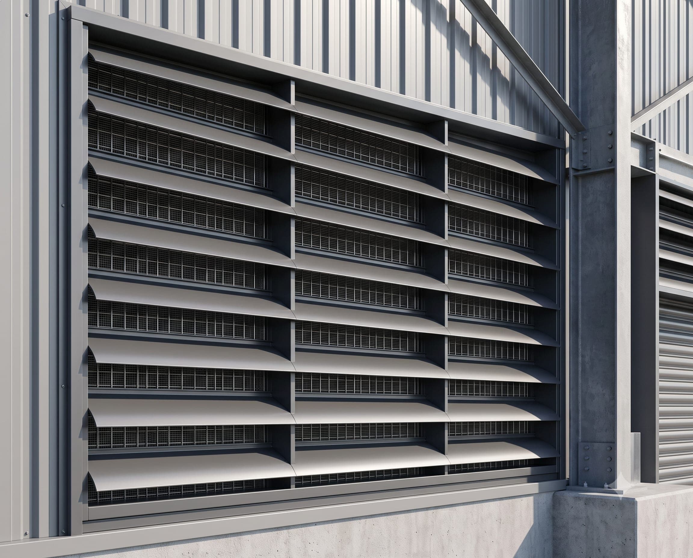 Industrial ventilation louvers integrated into wall cladding