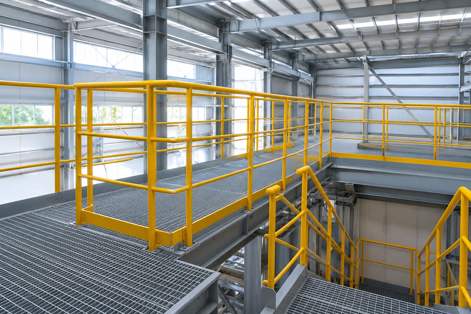 Industrial handrails and guardrails installed around a steel walkway and platform inside a PEB building