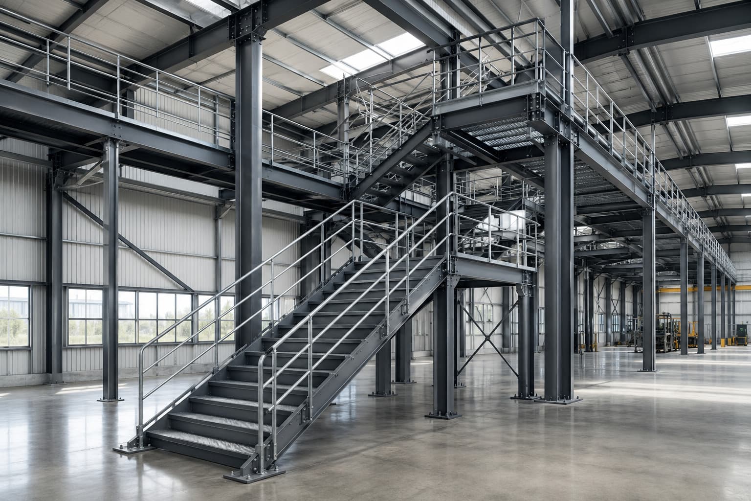 Industrial steel staircase with stringers, landings, handrails and structural connections inside a PEB building
