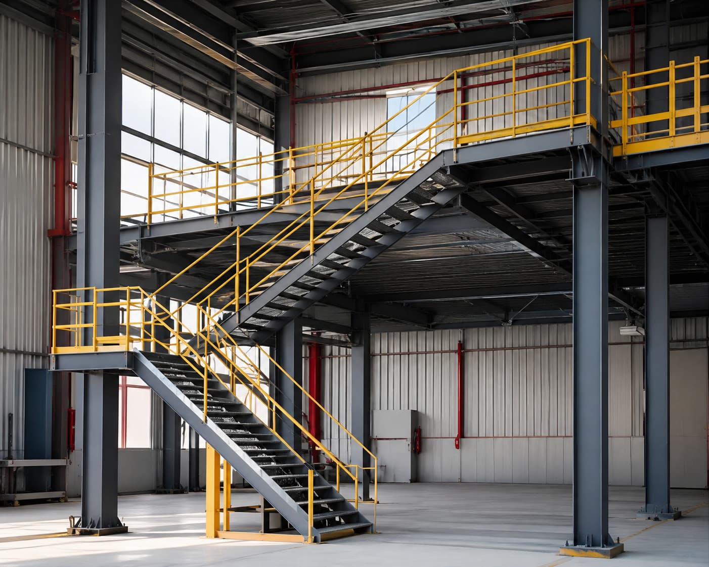 Industrial structural steel staircase with landings, handrails and guardrails inside a PEB building