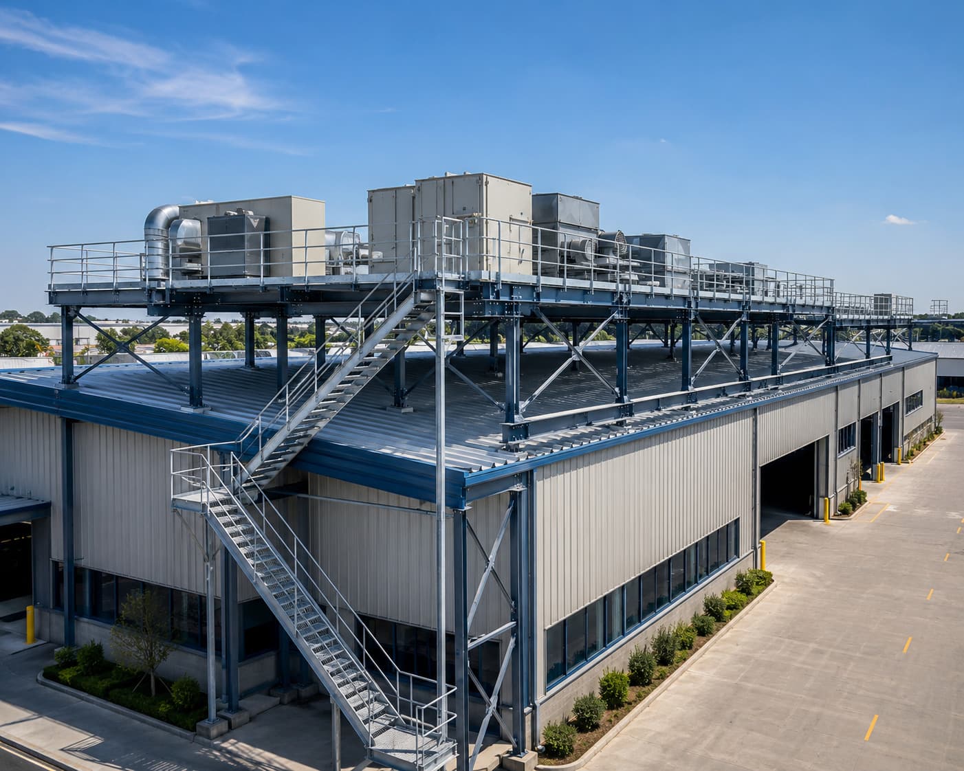 Structural roof platform with rooftop equipment support and maintenance walkway