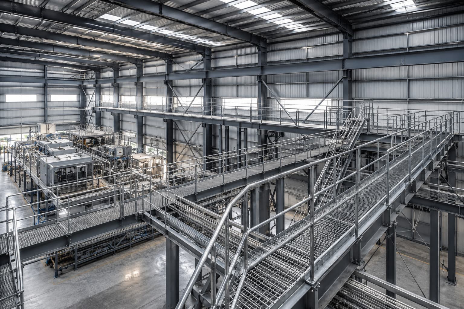 Industrial steel walkways and catwalks integrated inside a Pre-Engineered Building