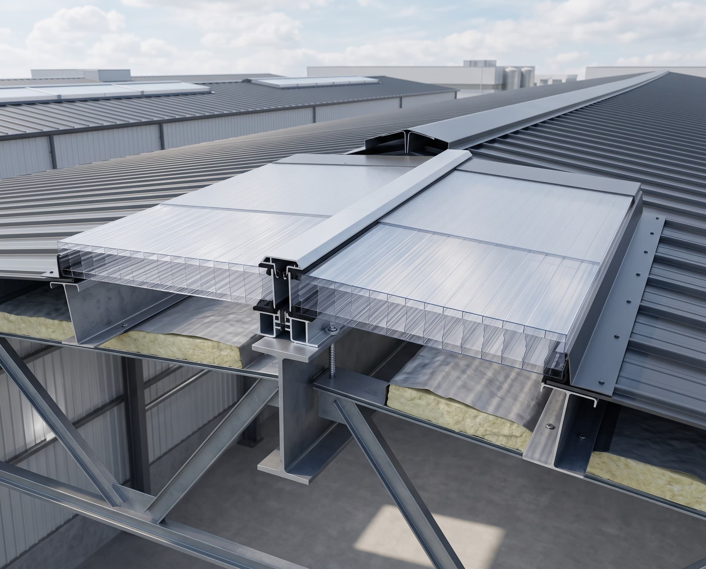 Cutaway view of a multiwall polycarbonate daylighting system