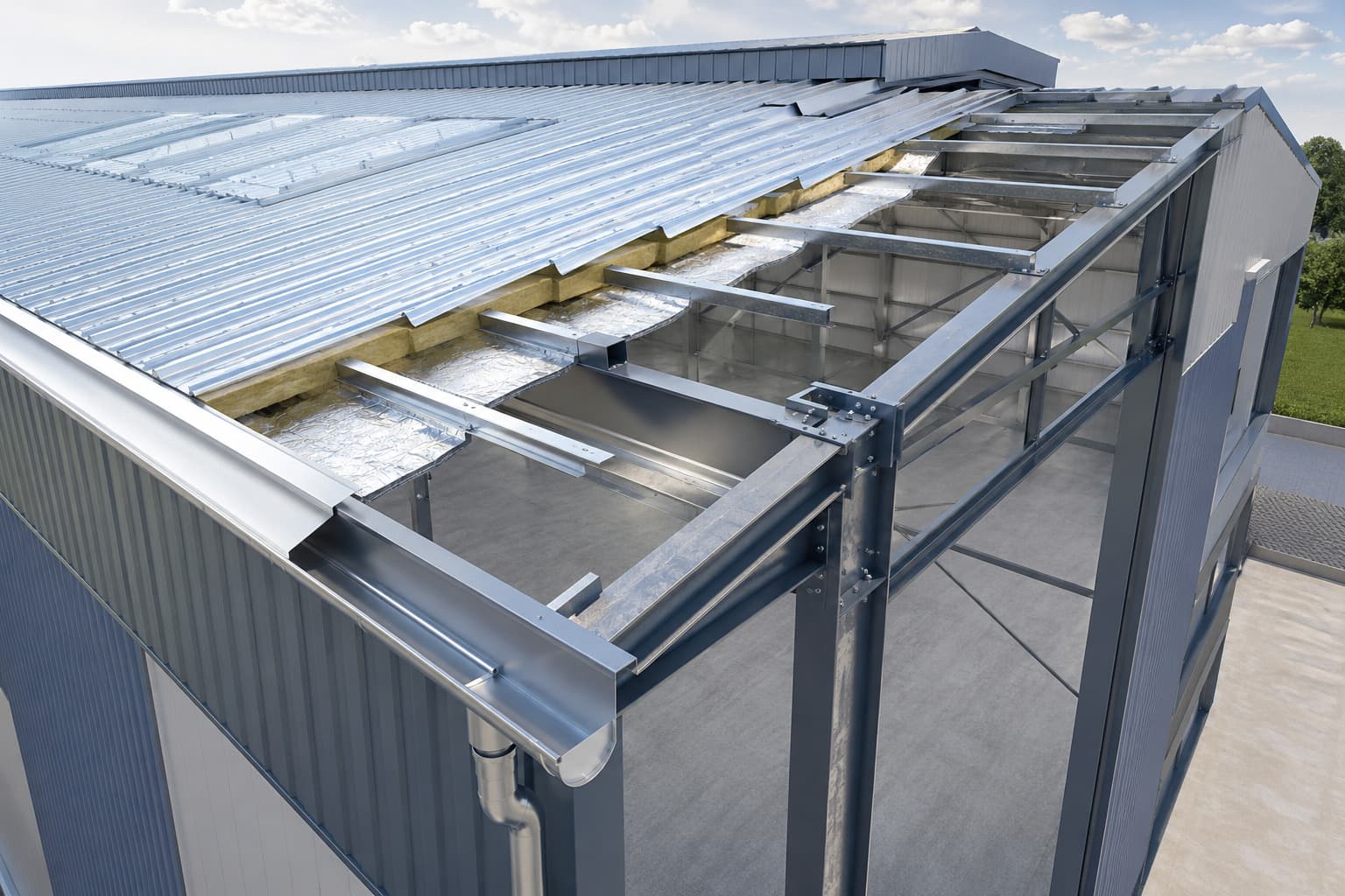 Major structural components of an industrial roofing sheet system