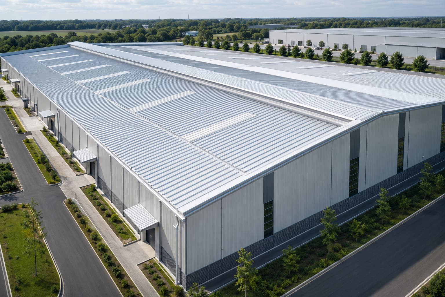 Industrial profiled roofing sheets installed on a modern Pre-Engineered Building