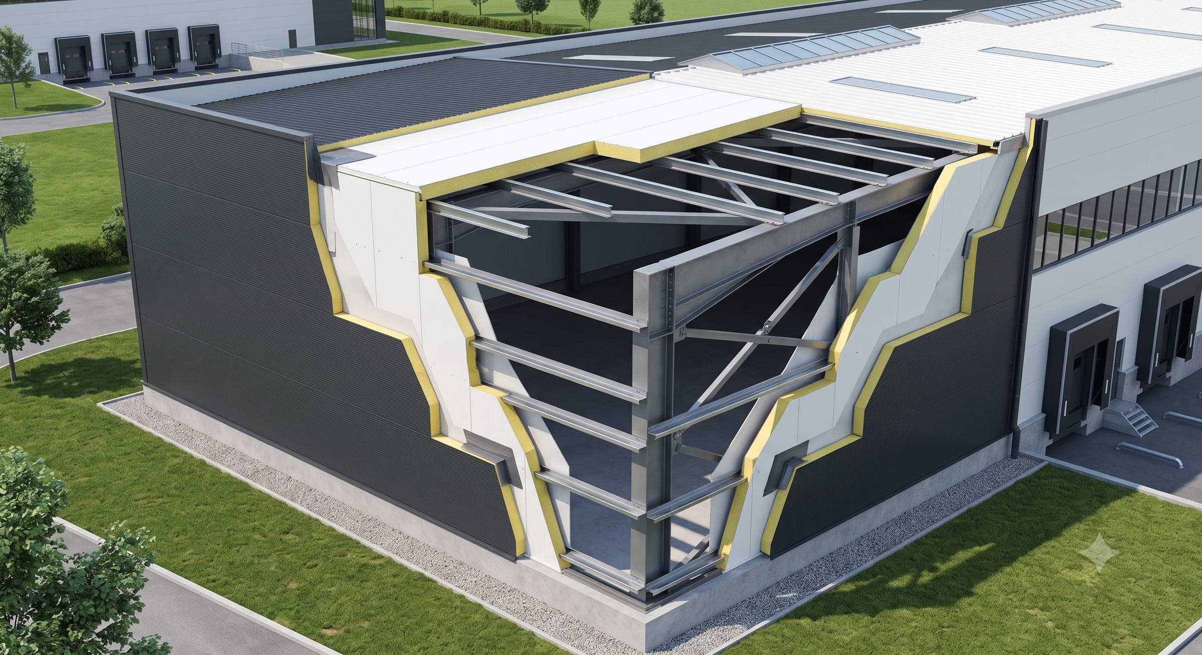 Cutaway view of insulated sandwich panel components with double metal skins and a continuous insulation core