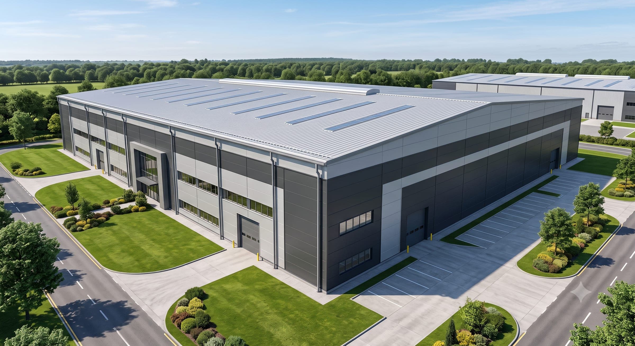 Modern industrial building using insulated sandwich panel wall and roof systems
