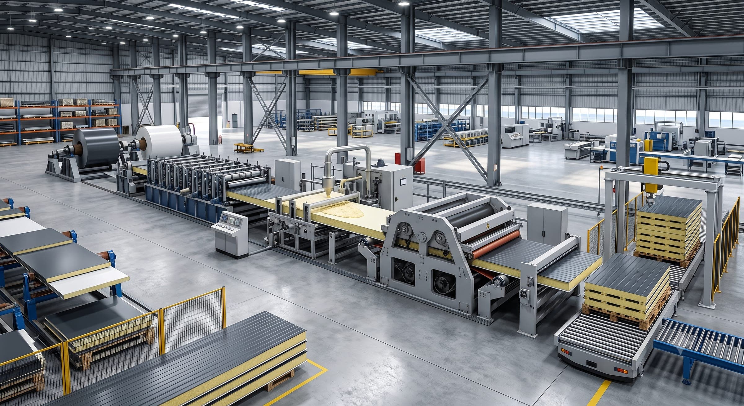 Industrial sandwich panel manufacturing line