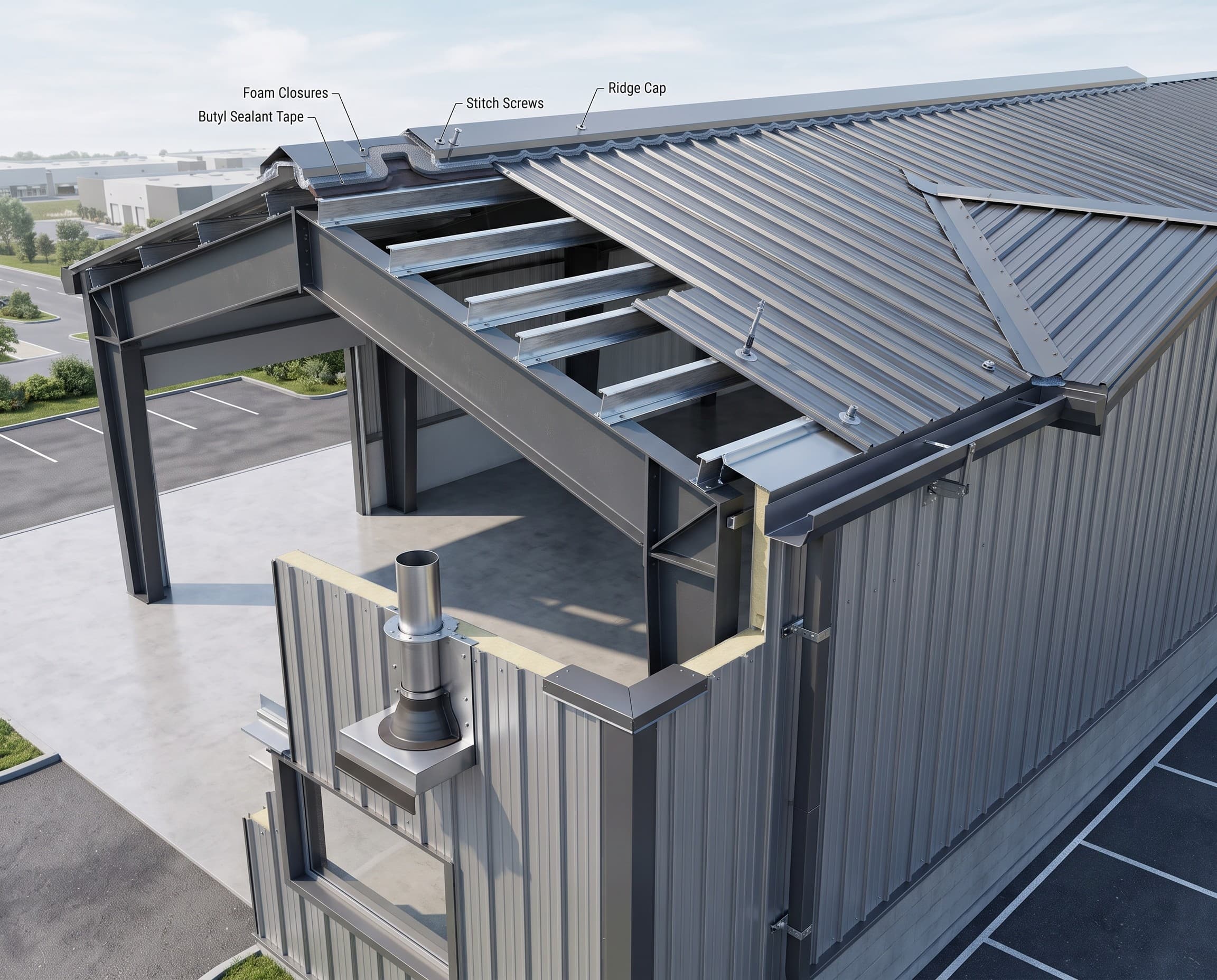 Cutaway view of industrial roofing and cladding accessories