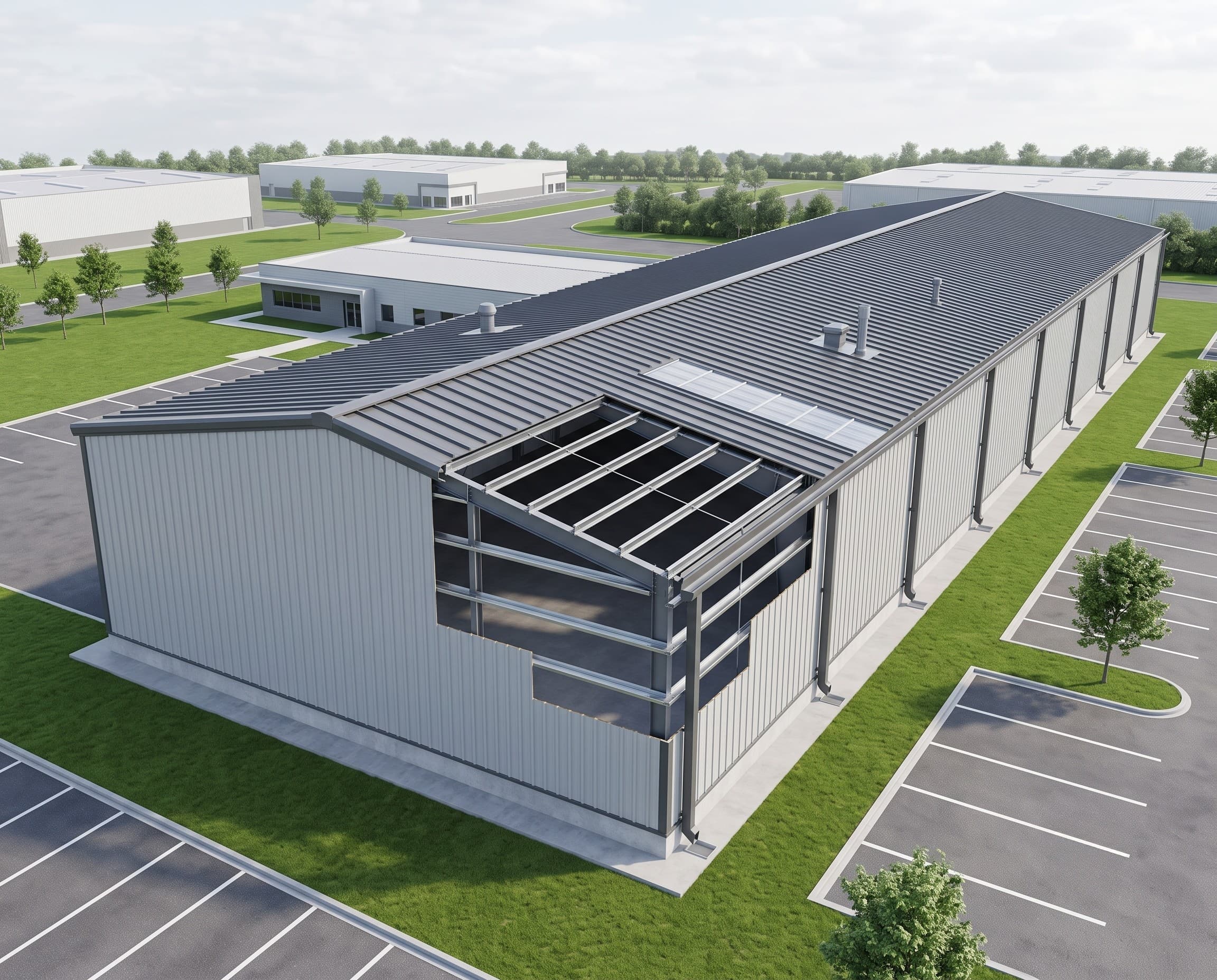 Engineered roofing and wall cladding accessories integrated into a modern industrial building